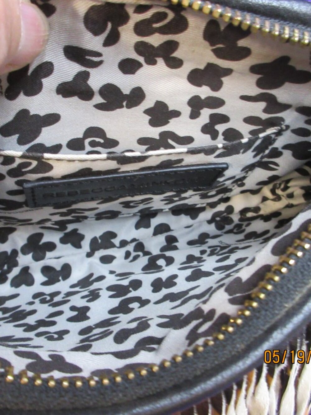 REBECCA MINKOFF~"FINN" LEOPARD PRINTED FRINGE OVER BLACK LEATHER CROSSBODY BAG - Picture 7 of 10